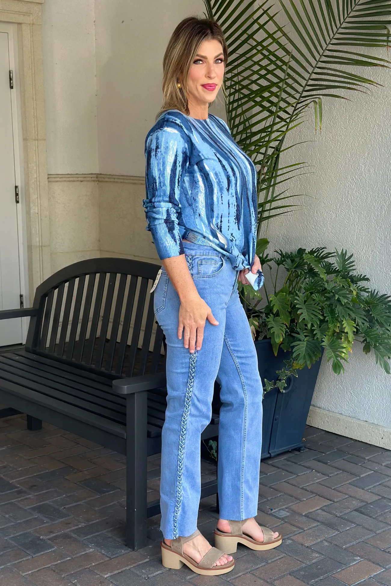 Charlie B Light Blue Side Braided Flare Pant