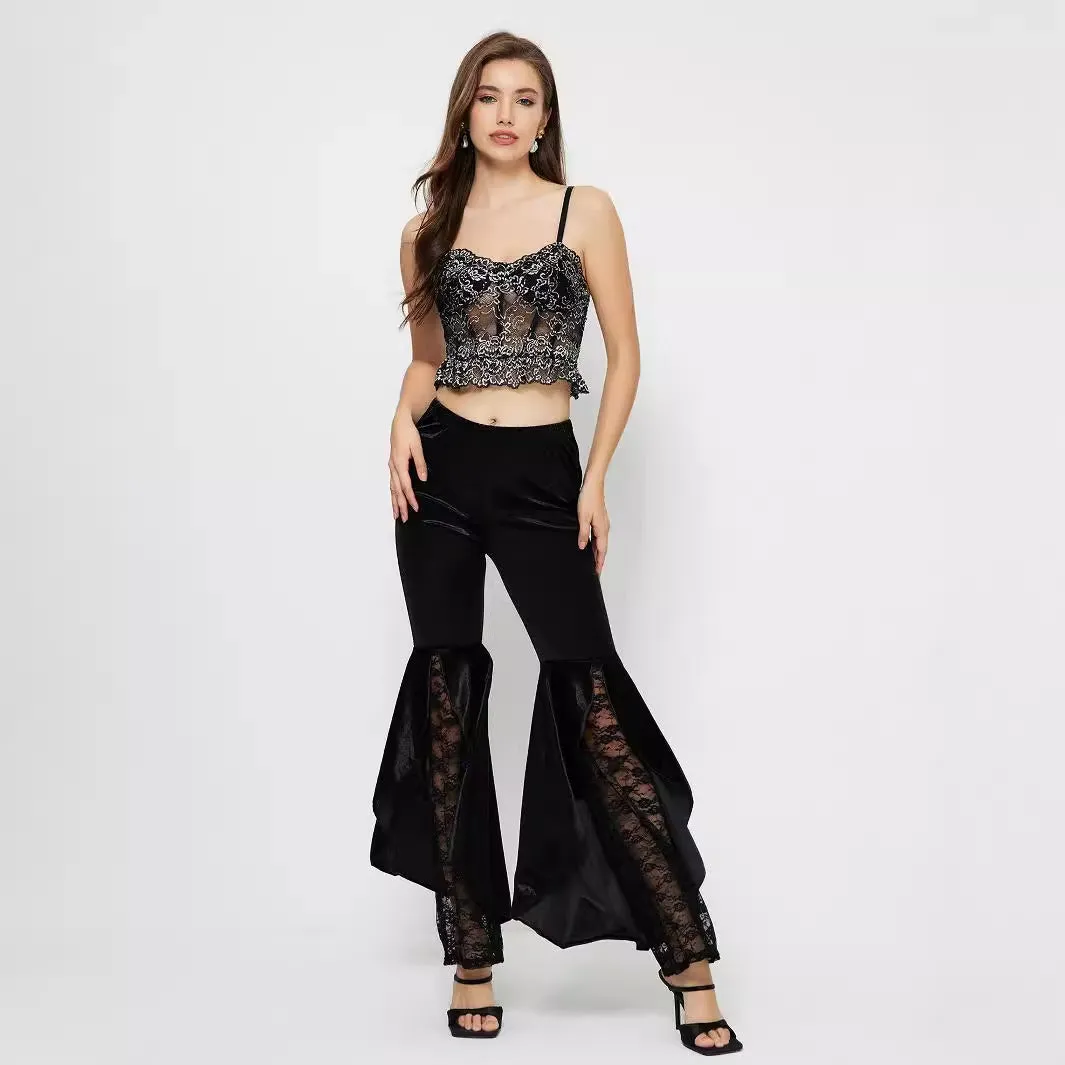 Chic and Feminine Lace Bell-Bottom High-Waist Pants for Effortless Elegance