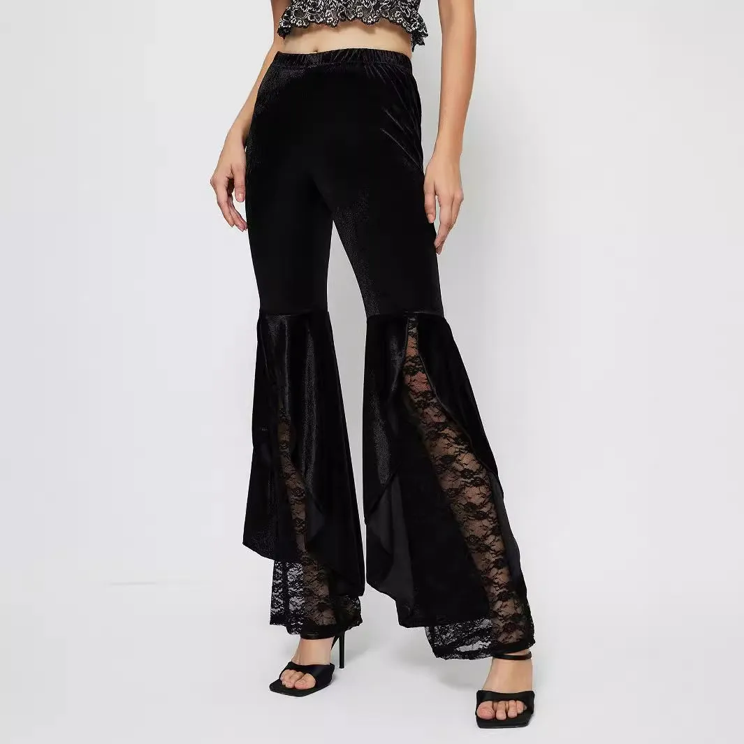 Chic and Feminine Lace Bell-Bottom High-Waist Pants for Effortless Elegance