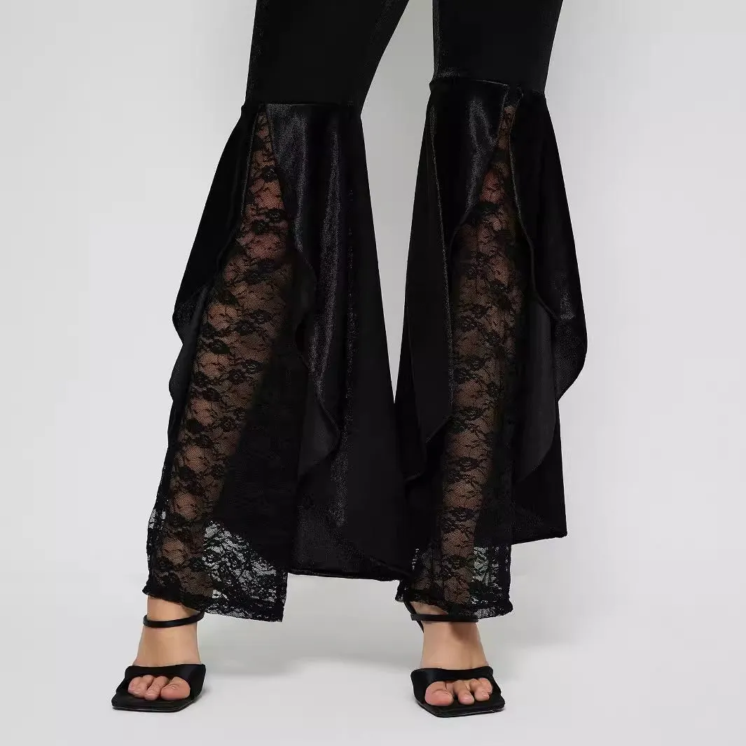 Chic and Feminine Lace Bell-Bottom High-Waist Pants for Effortless Elegance