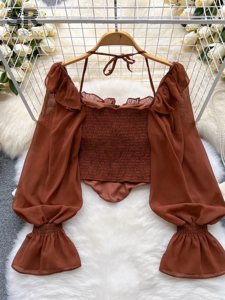 Chiffon Flare Sleeve Women Tops Ruffle Solid Elastic Waist