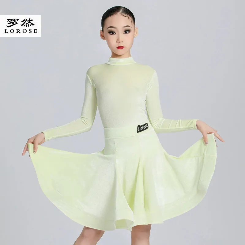 Children's  Pink Blue Red Green Black Latin Ballroom Dance Dresses for Girls Kids High-necked Velvet Long-sleeved  Salsa  Dance Clothes