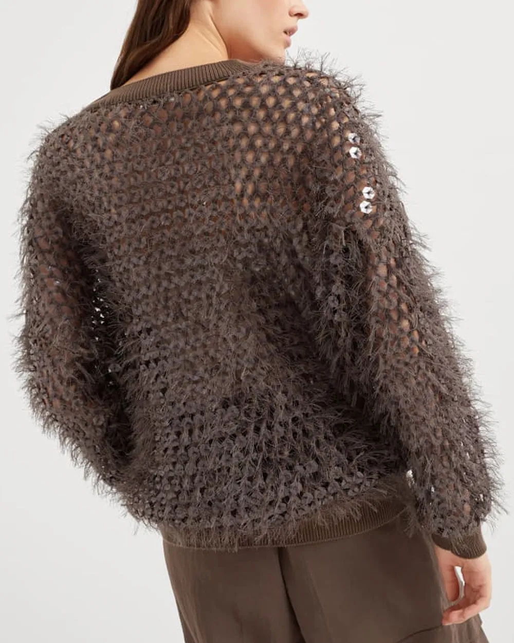 Chocolate Mosiac Fringe Embellished V Neck Pullover