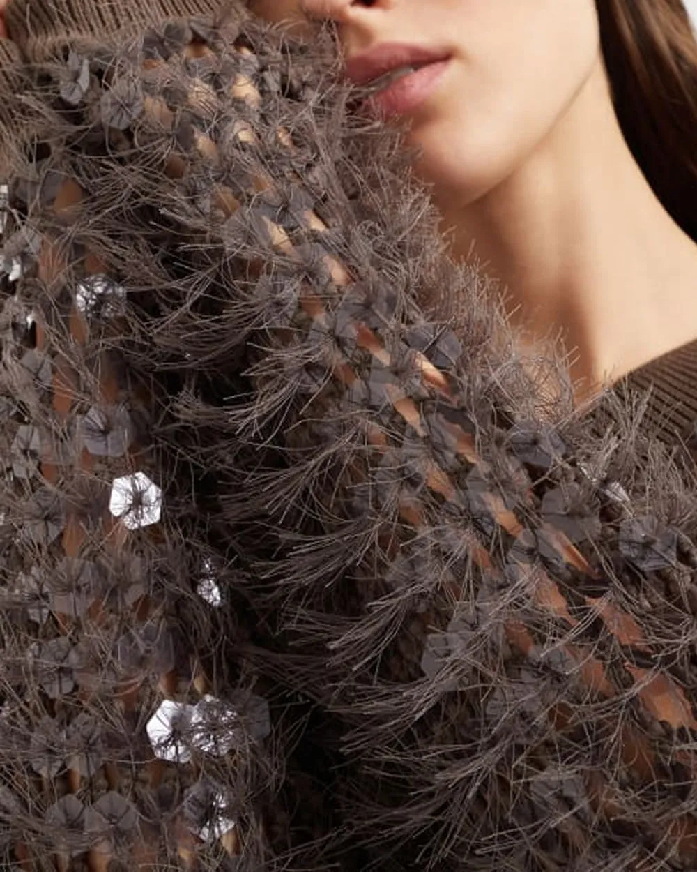 Chocolate Mosiac Fringe Embellished V Neck Pullover