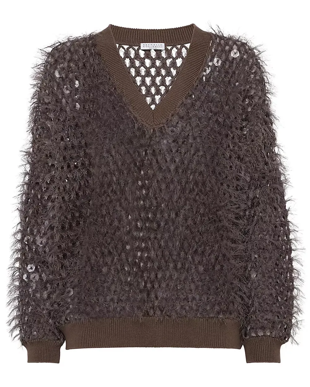Chocolate Mosiac Fringe Embellished V Neck Pullover
