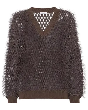 Chocolate Mosiac Fringe Embellished V Neck Pullover