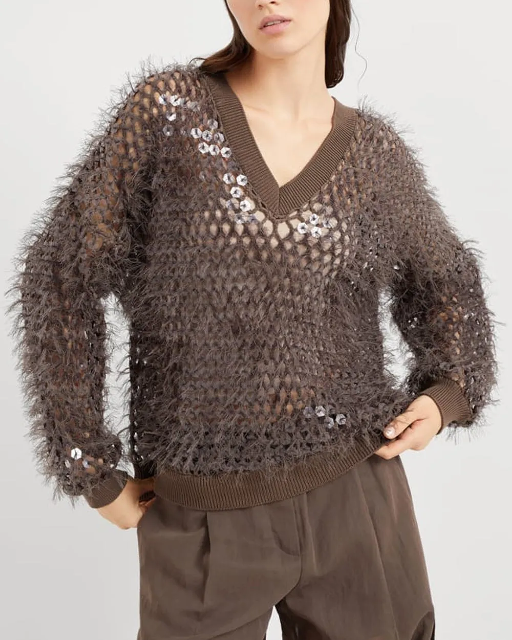 Chocolate Mosiac Fringe Embellished V Neck Pullover