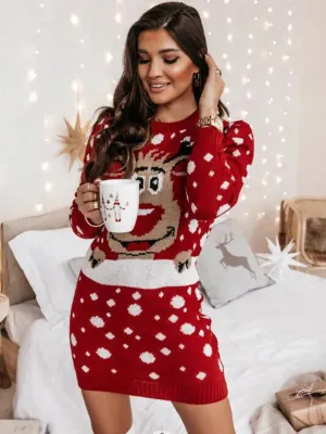 Christmas Elk Jacquard Mini Dress with Polka Dot Pattern