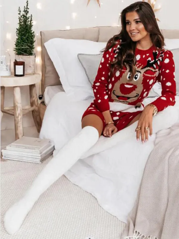 Christmas Elk Jacquard Mini Dress with Polka Dot Pattern