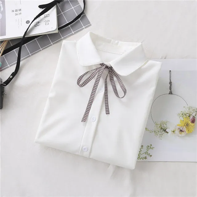College Style Bow Lace-up White Shirt Women Japanese Long Sleeved Blouse Girls Y2k Student Turn Down Collar Blouse Tops Mujer