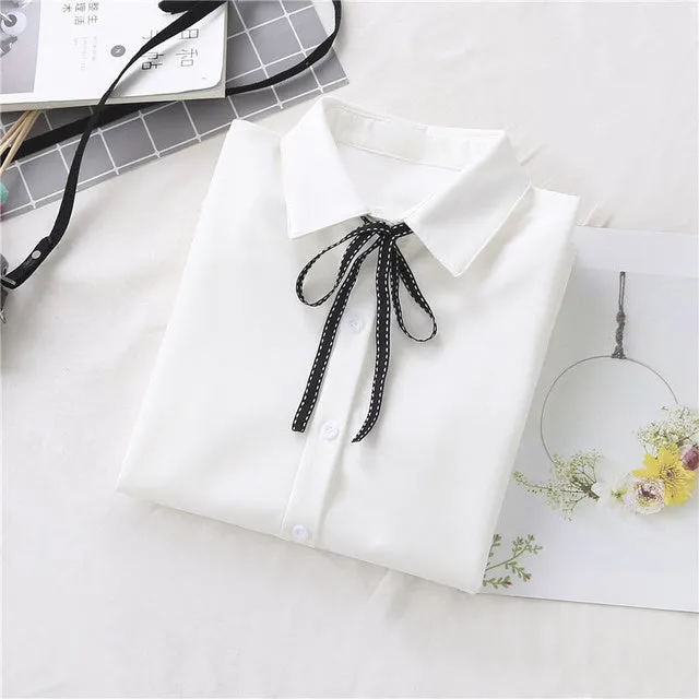 College Style Bow Lace-up White Shirt Women Japanese Long Sleeved Blouse Girls Y2k Student Turn Down Collar Blouse Tops Mujer