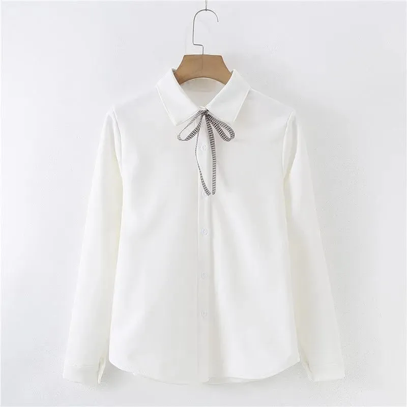 College Style Bow Lace-up White Shirt Women Japanese Long Sleeved Blouse Girls Y2k Student Turn Down Collar Blouse Tops Mujer