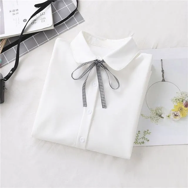 College Style Bow Lace-up White Shirt Women Japanese Long Sleeved Blouse Girls Y2k Student Turn Down Collar Blouse Tops Mujer