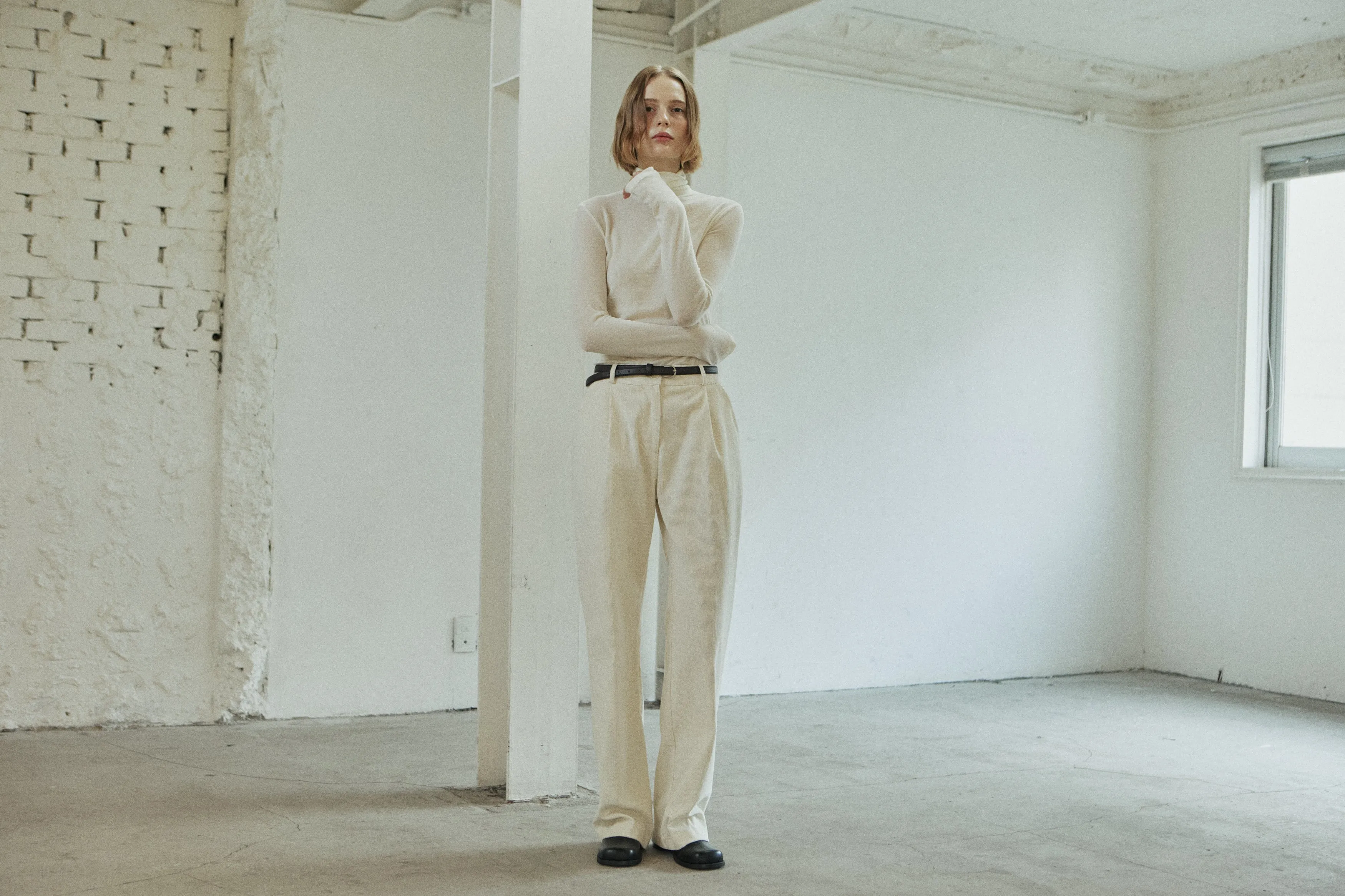 CORDUROY TUCKED PANTS_CREAM