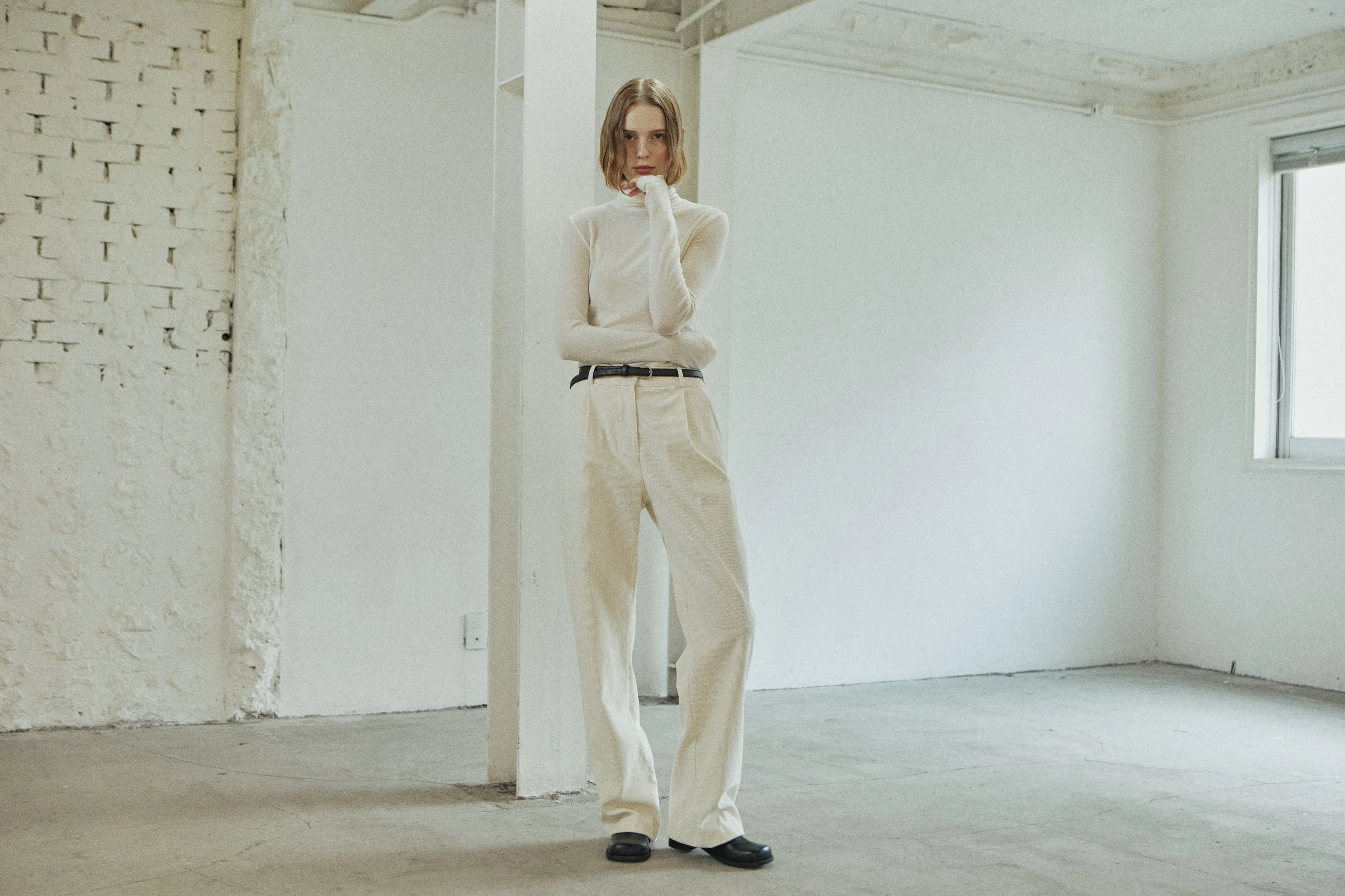 CORDUROY TUCKED PANTS_CREAM