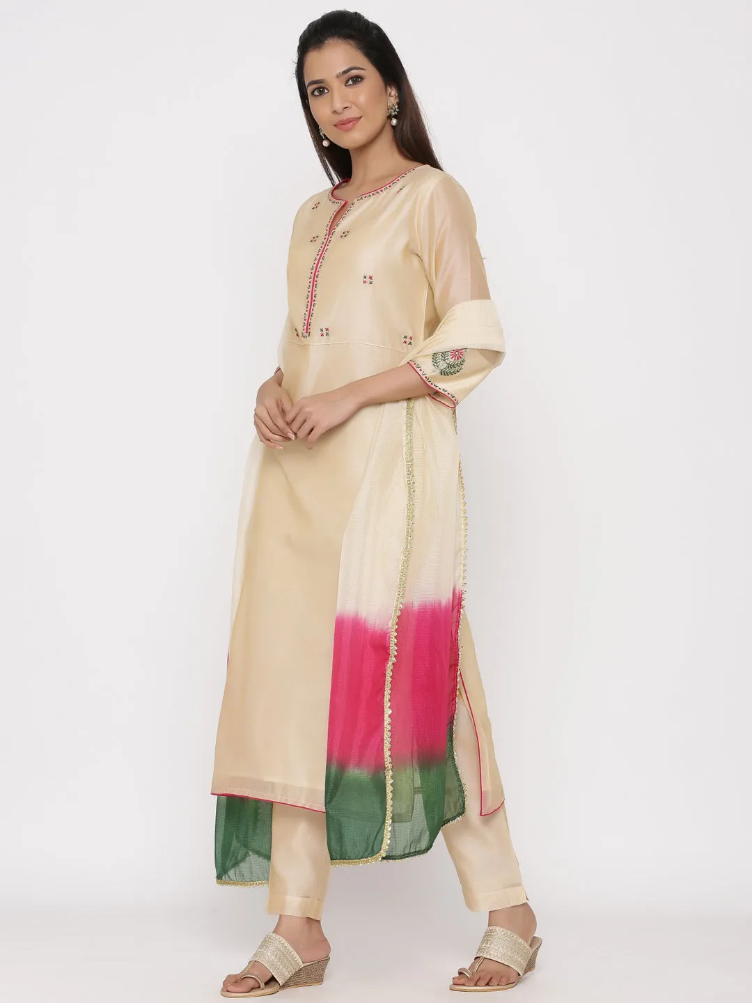 Cream Embrodiered Straight Chanderi Silk Kurta With Pant And Dupatta