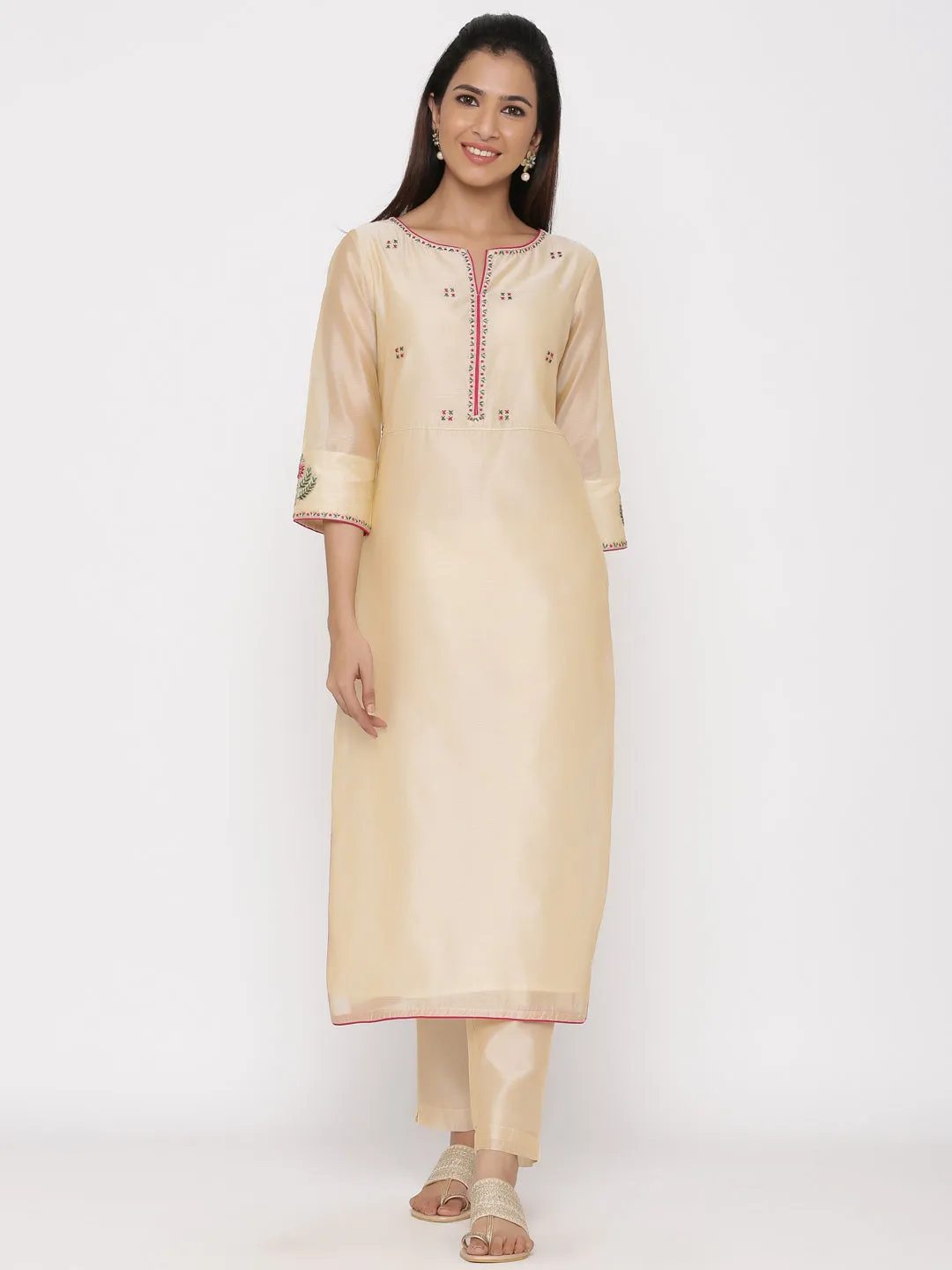 Cream Embrodiered Straight Chanderi Silk Kurta With Pant And Dupatta