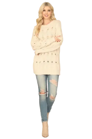 Cream Long Sleeve Hole Detail Knitted Top - Pack of 6