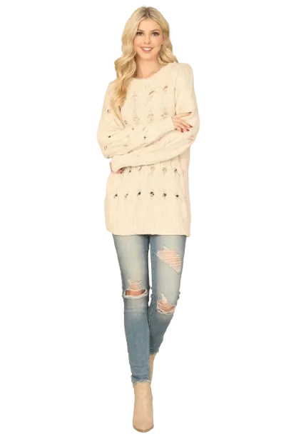 Cream Long Sleeve Hole Detail Knitted Top - Pack of 6
