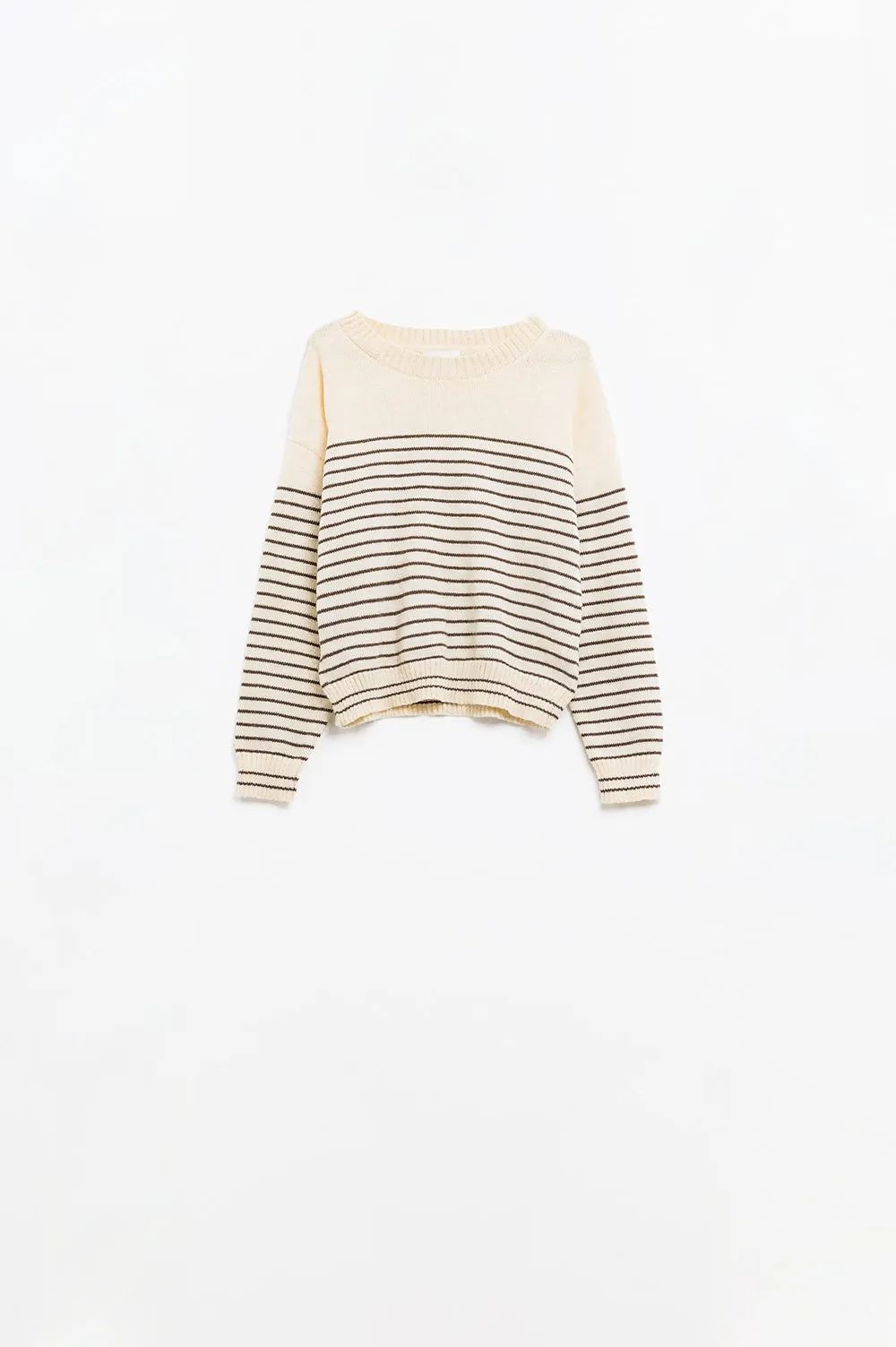 Cream sweater with brown stripes and boat neck