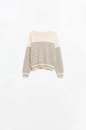 Cream sweater with brown stripes and boat neck
