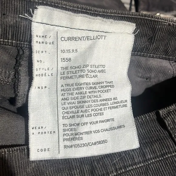 Current Elliott The Soho Zip Stiletto Corduroy Pants in Gunmetal Size 28