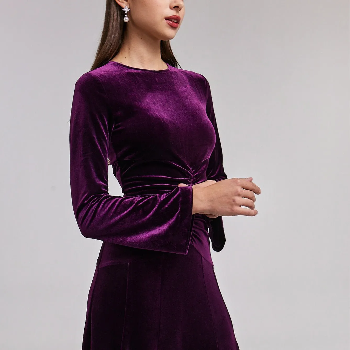Dark Purple Velvet Gathered Waist Maxi Dress