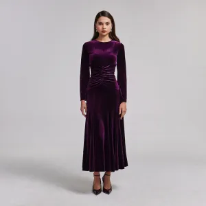 Dark Purple Velvet Gathered Waist Maxi Dress