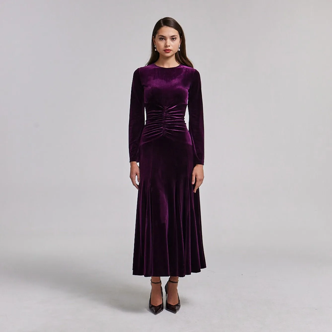 Dark Purple Velvet Gathered Waist Maxi Dress