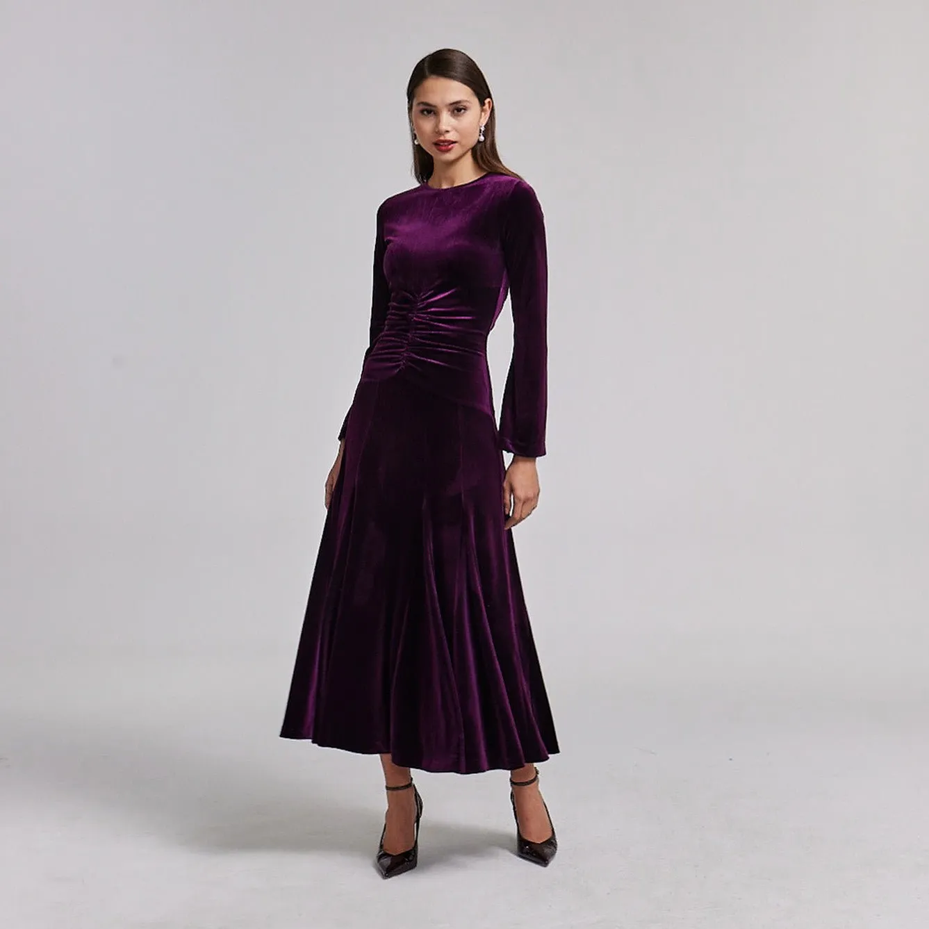Dark Purple Velvet Gathered Waist Maxi Dress