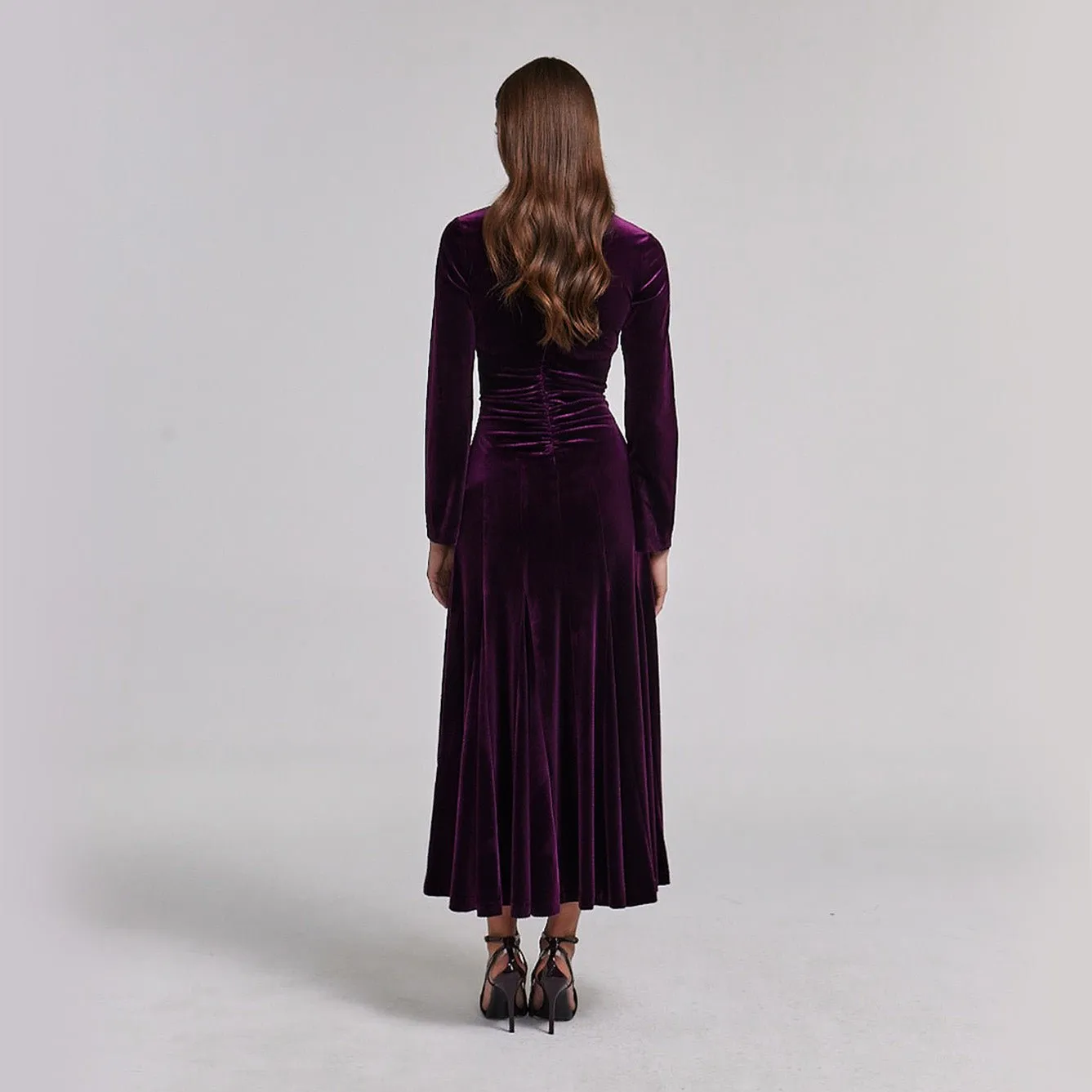 Dark Purple Velvet Gathered Waist Maxi Dress