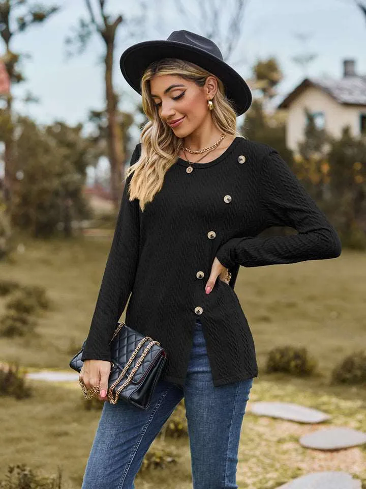 Decorative Button Slit Long Sleeve Top (6 Colors)