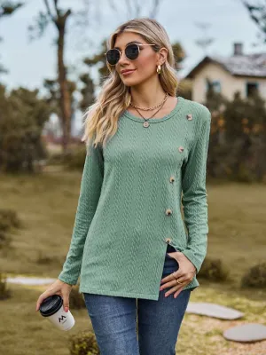 Decorative Button Slit Long Sleeve Top (6 Colors)