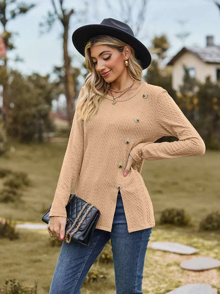 Decorative Button Slit Long Sleeve Top (6 Colors)