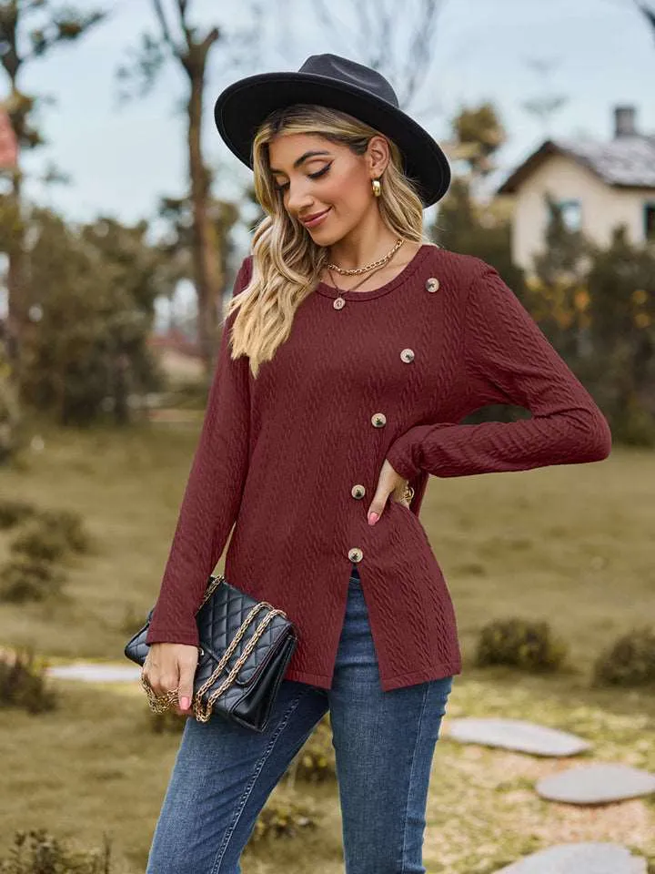 Decorative Button Slit Long Sleeve Top (6 Colors)