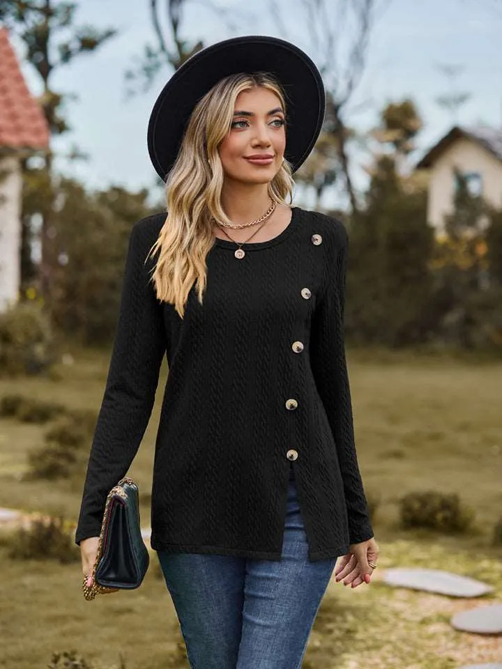 Decorative Button Slit Long Sleeve Top (6 Colors)