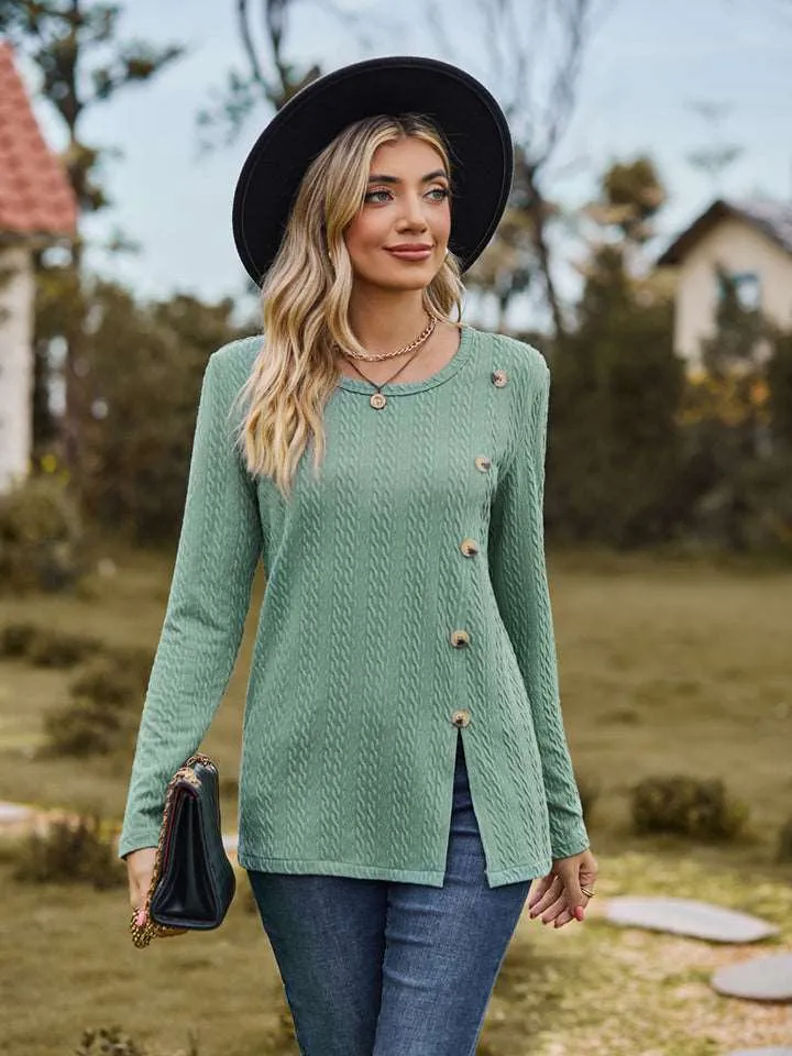 Decorative Button Slit Long Sleeve Top (6 Colors)