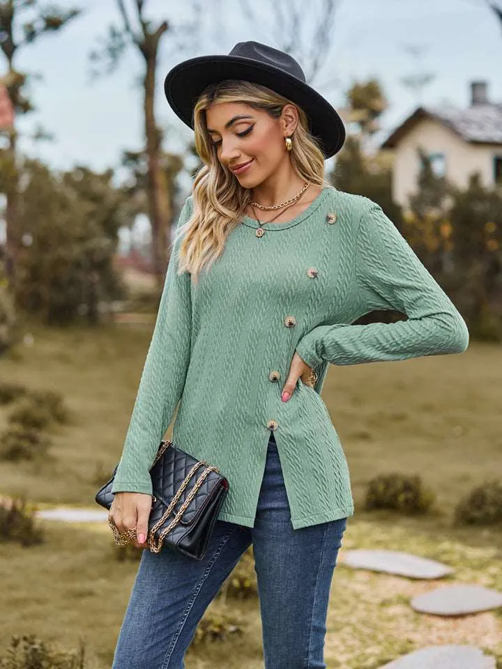 Decorative Button Slit Long Sleeve Top (6 Colors)