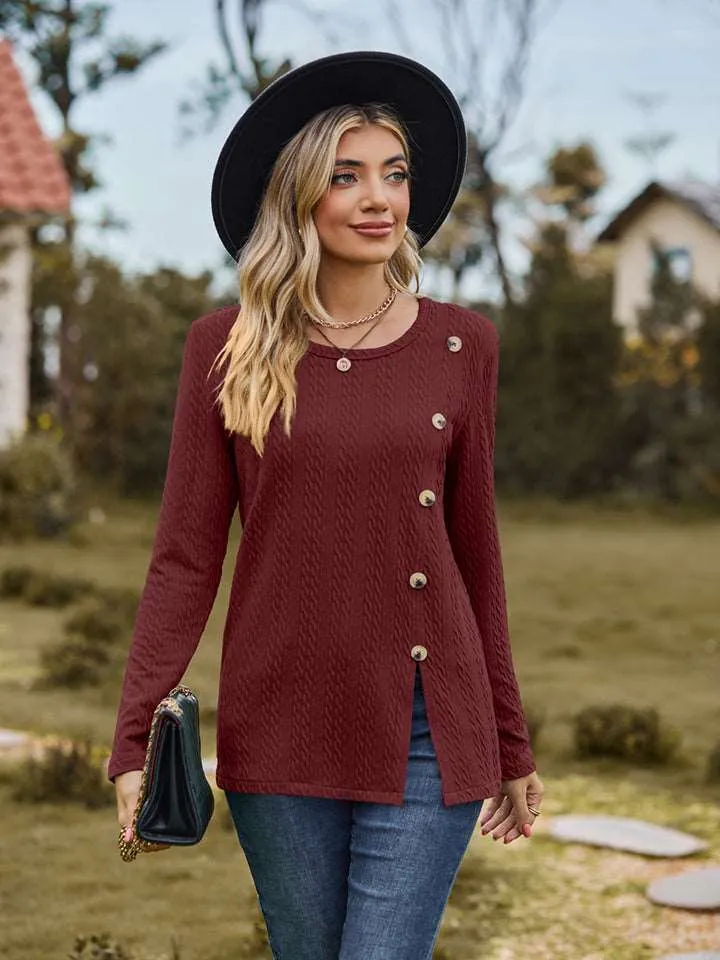 Decorative Button Slit Long Sleeve Top (6 Colors)