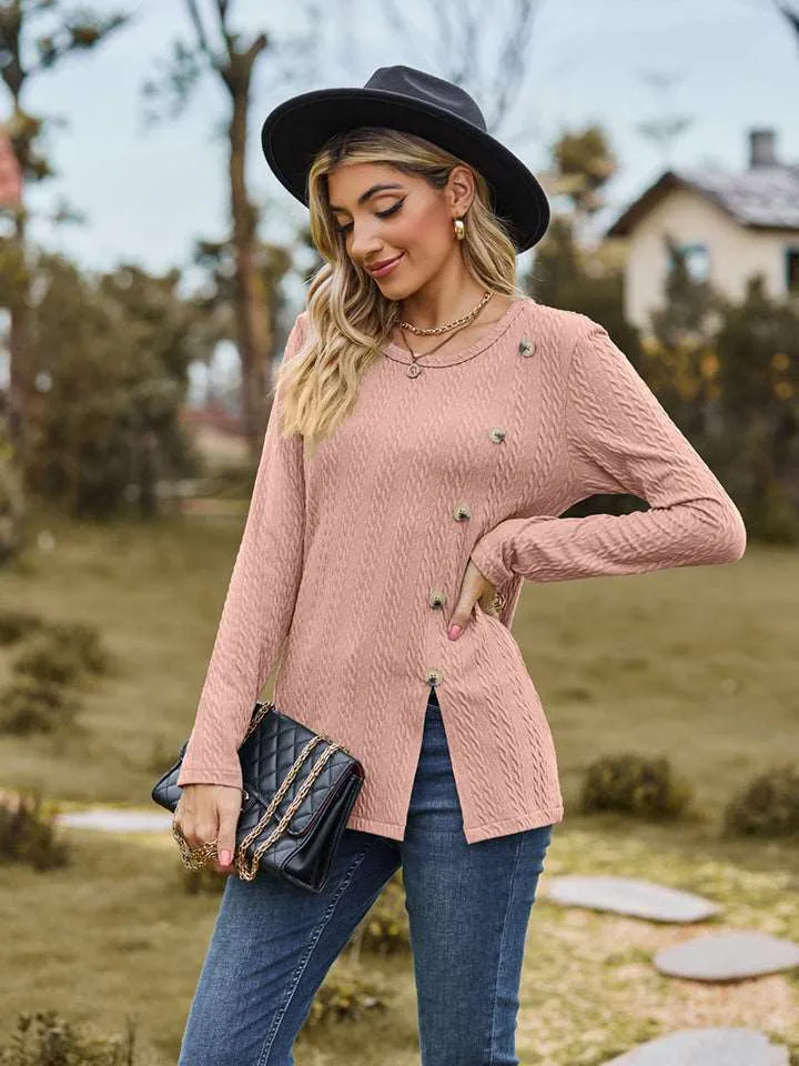 Decorative Button Slit Long Sleeve Top (6 Colors)