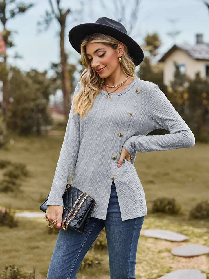 Decorative Button Slit Long Sleeve Top (6 Colors)