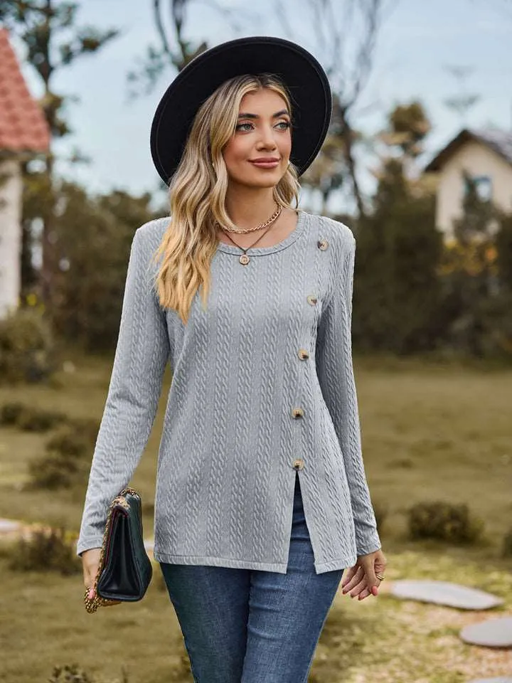 Decorative Button Slit Long Sleeve Top (6 Colors)