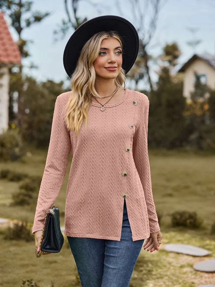Decorative Button Slit Long Sleeve Top (6 Colors)