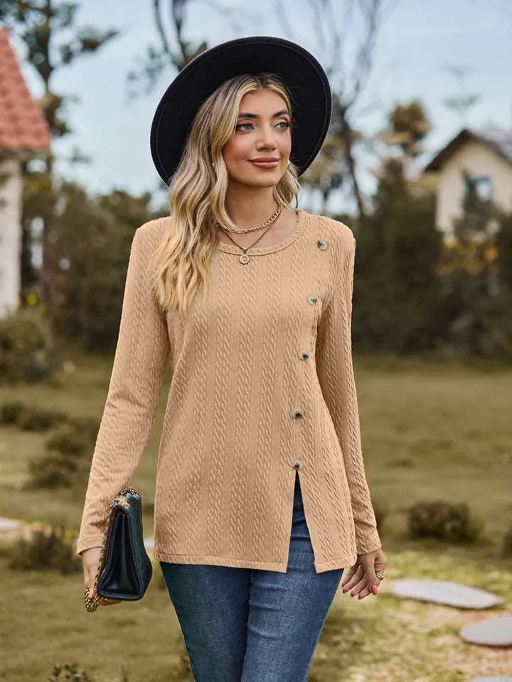 Decorative Button Slit Long Sleeve Top (6 Colors)