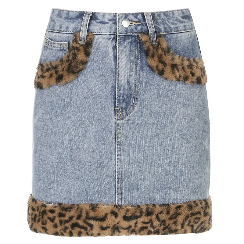 Denim leopard print velvet skirt KF81716