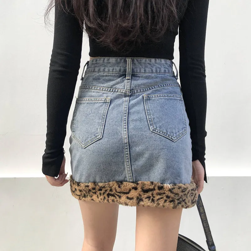 Denim leopard print velvet skirt KF81716