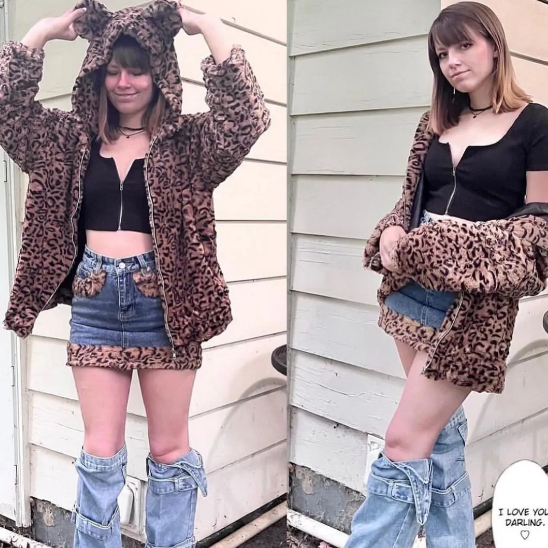 Denim leopard print velvet skirt KF81716