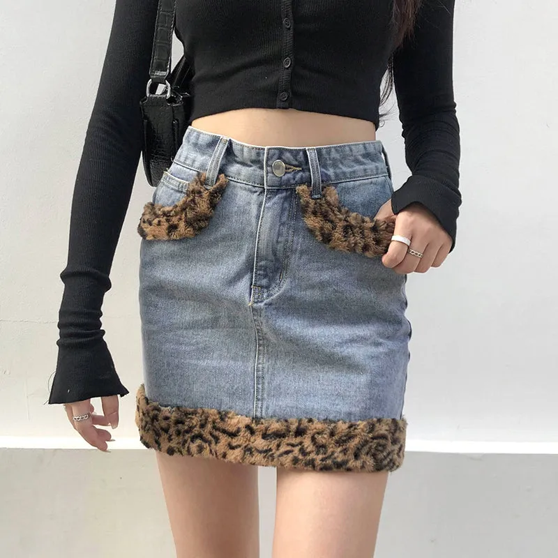 Denim leopard print velvet skirt KF81716