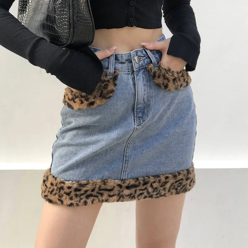 Denim leopard print velvet skirt KF81716