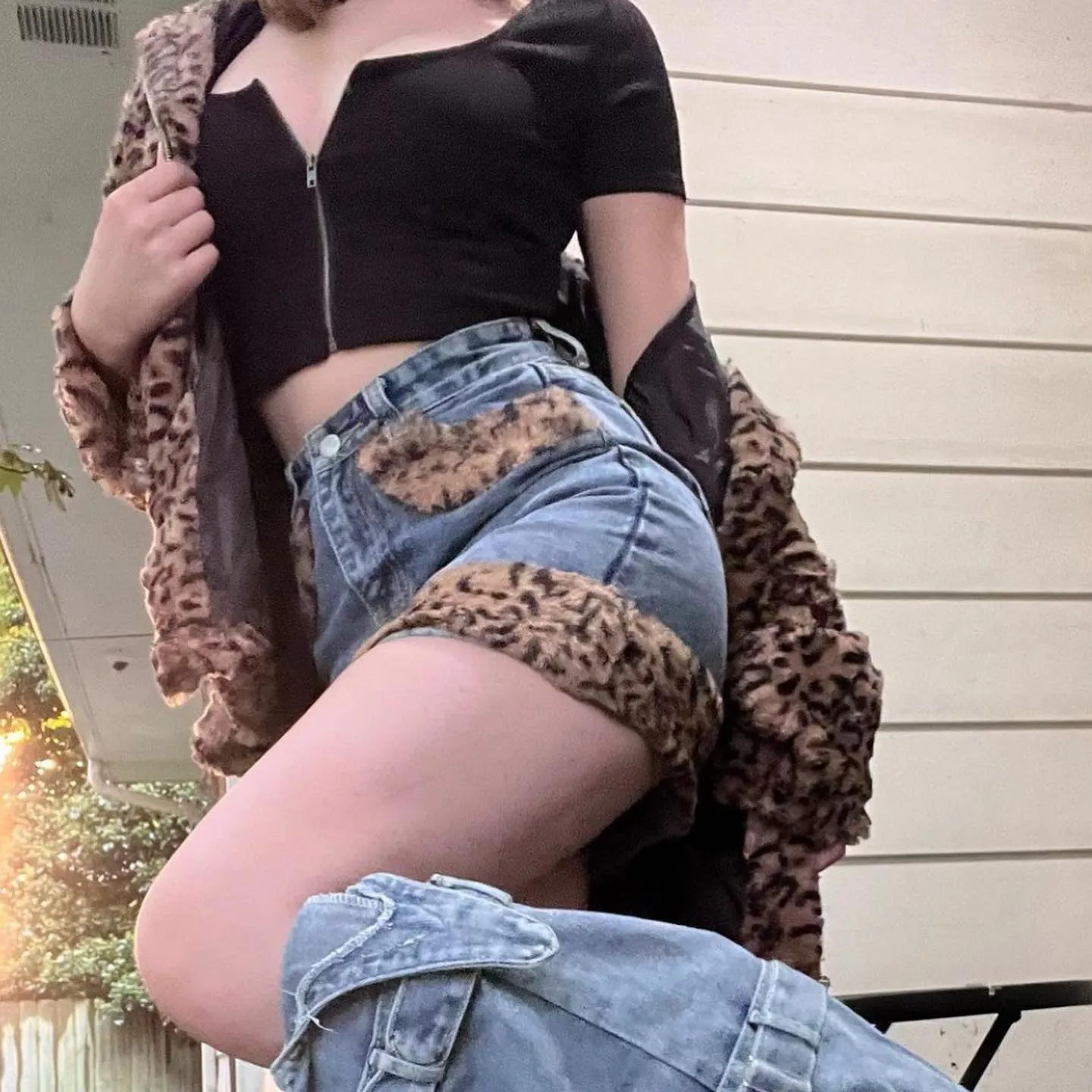 Denim leopard print velvet skirt KF81716